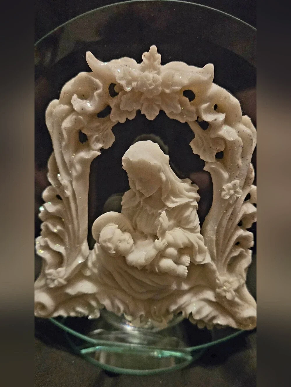 Holy Mary Baby Jesus Angel Glass Vigil Tealite Holder Candle 5.5
